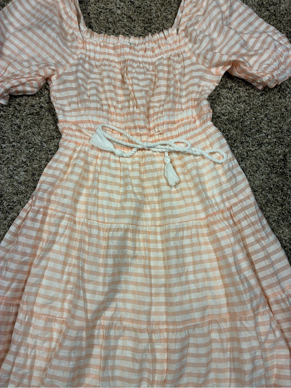 Moon River Striped Poplin Puff Sleeve Tiered Midi Dress - Picture 4 of 13